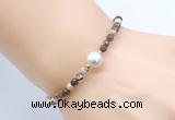 CFB839 4mm faceted round brown zebra jasper & potato white freshwater pearl bracelet