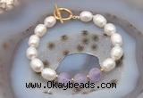 CFB905 Hand-knotted 9mm - 10mm rice white freshwater pearl & lavender amethyst bracelet