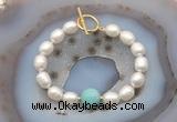 CFB939 Hand-knotted 9mm - 10mm rice white freshwater pearl & amazonite bracelet