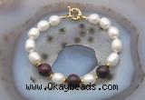 CFB948 Hand-knotted 9mm - 10mm rice white freshwater pearl & brecciated jasper bracelet