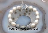 CFB969 Hand-knotted 9mm - 10mm rice white freshwater pearl & grey picture jasper bracelet