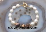 CFB970 Hand-knotted 9mm - 10mm rice white freshwater pearl & brown zebra jasper bracelet