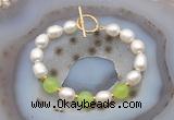 CFB993 Hand-knotted 9mm - 10mm rice white freshwater pearl & candy jade bracelet