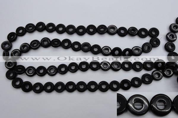 CFG903 15.5 inches 12mm carved coin donut black agate beads