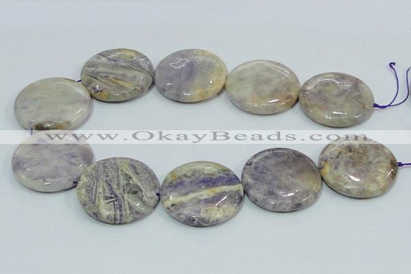 CFJ04 15.5 inches 40mm flat round natural purple flower stone beads