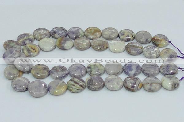 CFJ17 15.5 inches 18mm flat round natural purple flower stone beads