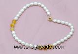 CFN307 Rice white freshwater pearl & yellow banded agate necklace, 16 - 24 inches