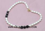 CFN310 Rice white freshwater pearl & black banded agate necklace, 16 - 24 inches