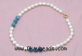 CFN315 9 - 10mm rice white freshwater pearl & apatite necklace wholesale