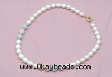 CFN318 9 - 10mm rice white freshwater pearl & morganite necklace wholesale