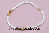 CFN319 9 - 10mm rice white freshwater pearl & golden tiger eye necklace wholesale