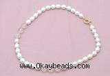 CFN322 9 - 10mm rice white freshwater pearl & rose quartz necklace wholesale