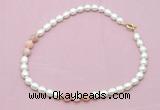 CFN324 9 - 10mm rice white freshwater pearl & pink opal necklace wholesale