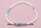 CFN326 9 - 10mm rice white freshwater pearl & blue howlite necklace wholesale