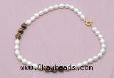 CFN328 9 - 10mm rice white freshwater pearl & yellow tiger eye necklace wholesale