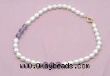 CFN332 9 - 10mm rice white freshwater pearl & amethyst necklace wholesale