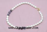 CFN333 9 - 10mm rice white freshwater pearl & dogtooth amethyst necklace wholesale