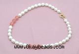 CFN334 9 - 10mm rice white freshwater pearl & cherry quartz necklace wholesale