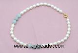 CFN335 9 - 10mm rice white freshwater pearl & aquamarine necklace wholesale