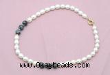 CFN339 9 - 10mm rice white freshwater pearl & snowflake obsidian necklace wholesale