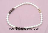 CFN340 9 - 10mm rice white freshwater pearl & mahogany obsidian necklace wholesale