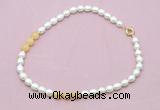 CFN342 9 - 10mm rice white freshwater pearl & honey jade necklace wholesale