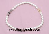 CFN345 9 - 10mm rice white freshwater pearl & rhodonite necklace wholesale