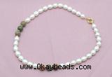 CFN347 9 - 10mm rice white freshwater pearl & unakite necklace wholesale