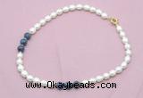 CFN351 9 - 10mm rice white freshwater pearl & dumortierite necklace wholesale