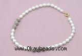 CFN352 9 - 10mm rice white freshwater pearl & feldspar necklace wholesale