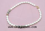 CFN357 9 - 10mm rice white freshwater pearl & serpentine jasper necklace wholesale