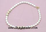 CFN359 9 - 10mm rice white freshwater pearl & white fossil jasper necklace wholesale