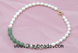 CFN402 9-10mm rice white freshwater pearl & green aventurine necklace