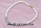 CFN404 9-10mm rice white freshwater pearl & grey banded agate necklace