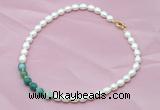 CFN407 9-10mm rice white freshwater pearl & green banded agate necklace