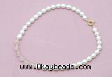 CFN414 9 - 10mm rice white freshwater pearl & rose quartz necklace