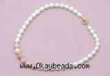 CFN417 9 - 10mm rice white freshwater pearl & pink opal necklace