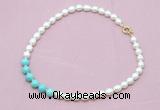 CFN422 9 - 10mm rice white freshwater pearl & blue howlite necklace wholesale