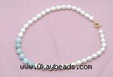 CFN435 9 - 10mm rice white freshwater pearl & aquamarine gemstone necklace