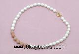 CFN436 9 - 10mm rice white freshwater pearl & moonstone gemstone necklace