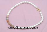 CFN437 9 - 10mm rice white freshwater pearl & rainbow moonstone necklace