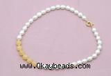 CFN442 9 - 10mm rice white freshwater pearl & honey jade necklace