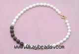 CFN446 9 - 10mm rice white freshwater pearl & bronzite gemstone necklace