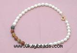 CFN460 9 - 10mm rice white freshwater pearl & picasso jasper necklace