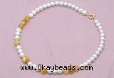 CFN522 9mm - 10mm potato white freshwater pearl & yellow banded agate necklace