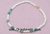 CFN524 9mm - 10mm potato white freshwater pearl & green banded agate necklace