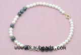 CFN539 9mm - 10mm potato white freshwater pearl & snowflake obsidian necklace