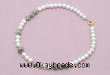 CFN552 9mm - 10mm potato white freshwater pearl & feldspar necklace