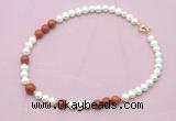 CFN561 9mm - 10mm potato white freshwater pearl & red jasper necklace