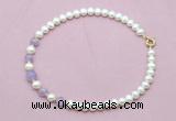 CFN705 9mm - 10mm potato white freshwater pearl & lavender amethyst necklace